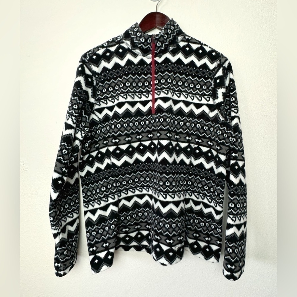 Eddie Bauer Womens Sweater XL Black White 1/4 Zip Pullover Fleece Cozy Fall